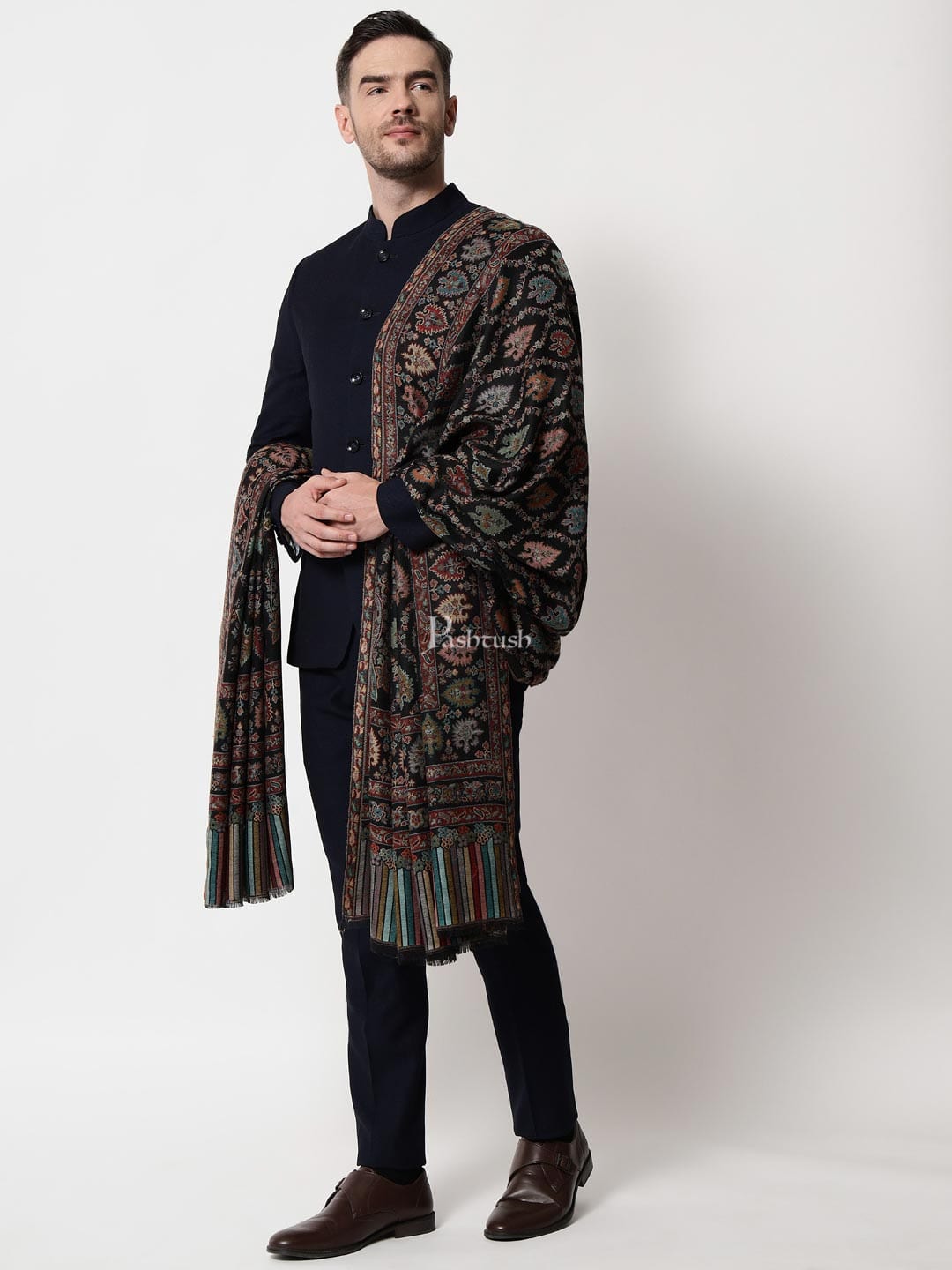 Pashtush India Mens Shawls Gents Shawl Pashtush mens Extra Fine Wool shawl, Ethnic design, Black
