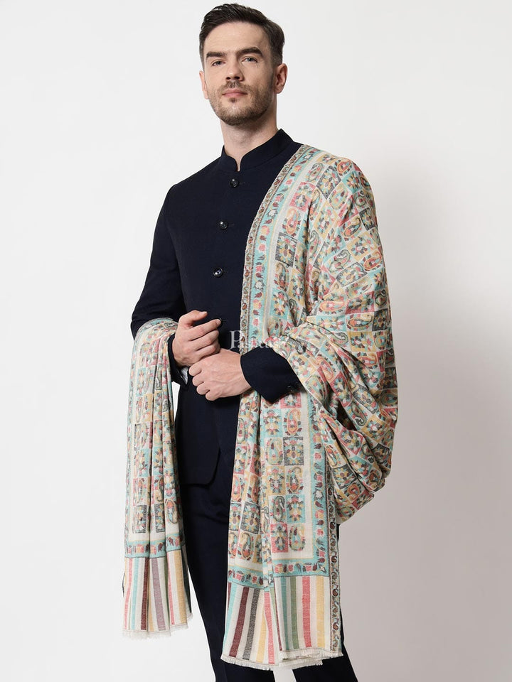 Pashtush India Mens Shawls Gents Shawl Pashtush mens Extra Fine Wool shawl, Ethnic weave design, Ivory