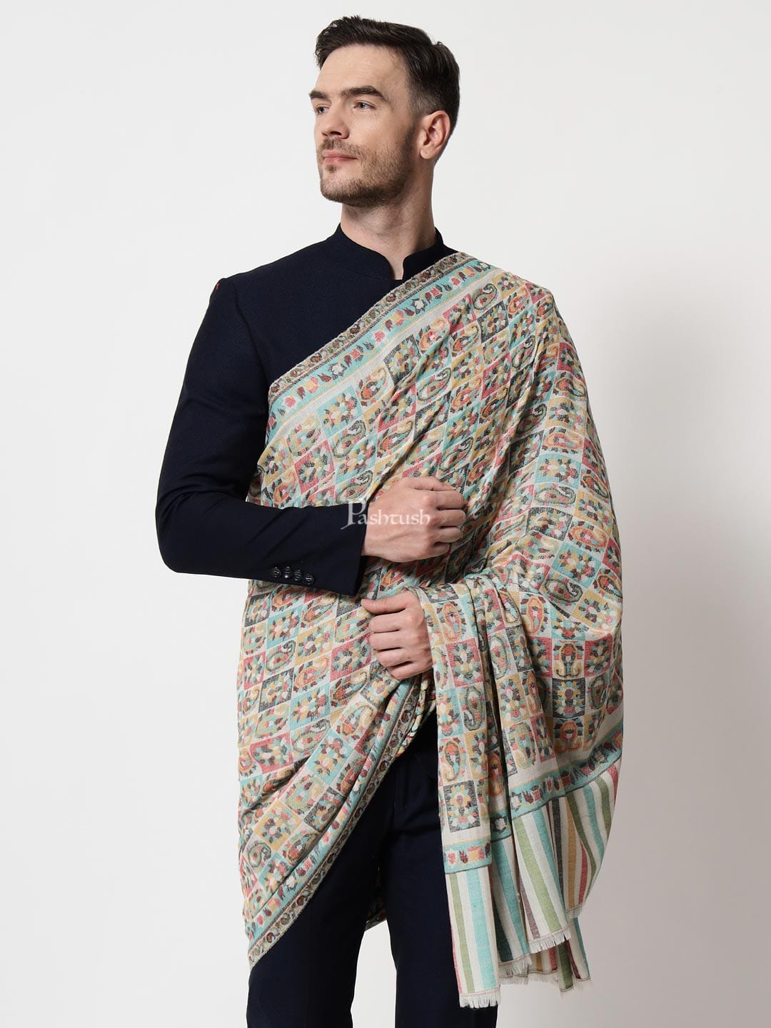 Pashtush India Mens Shawls Gents Shawl Pashtush mens Extra Fine Wool shawl, Ethnic weave design, Ivory