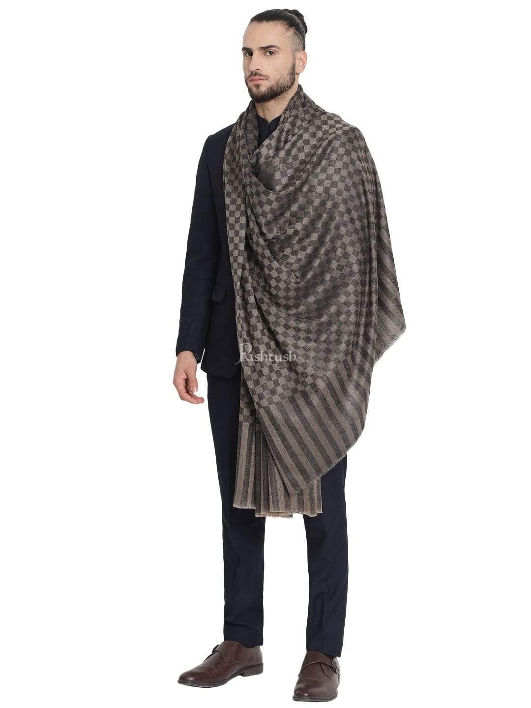 Pashtush India 114x228 Pashtush Mens Extra Fine Wool Shawl, Soft and Warm, Black, Chess Checks ( Large Wrap Size )