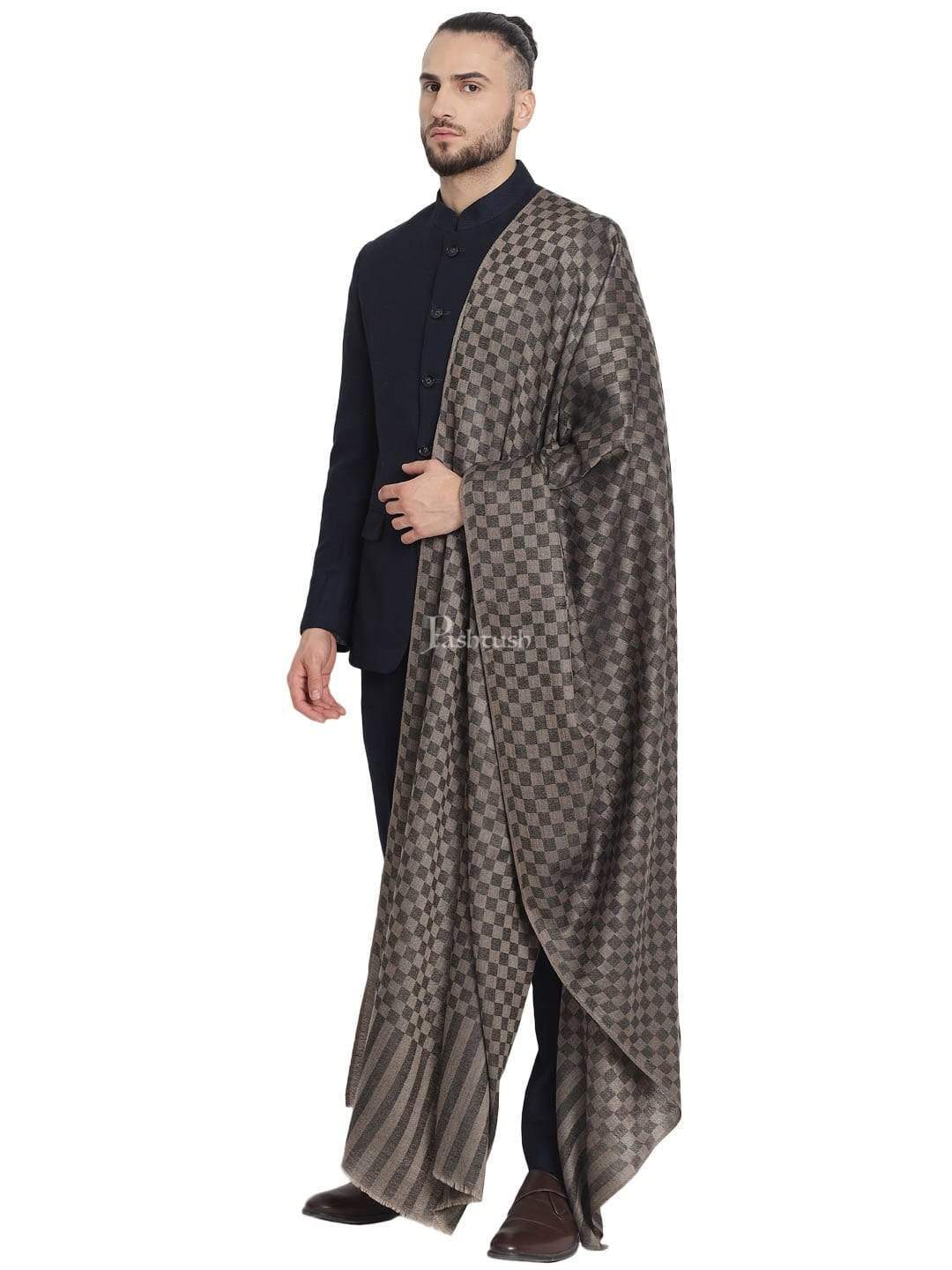 Pashtush India 114x228 Pashtush Mens Extra Fine Wool Shawl, Soft and Warm, Black, Chess Checks ( Large Wrap Size )