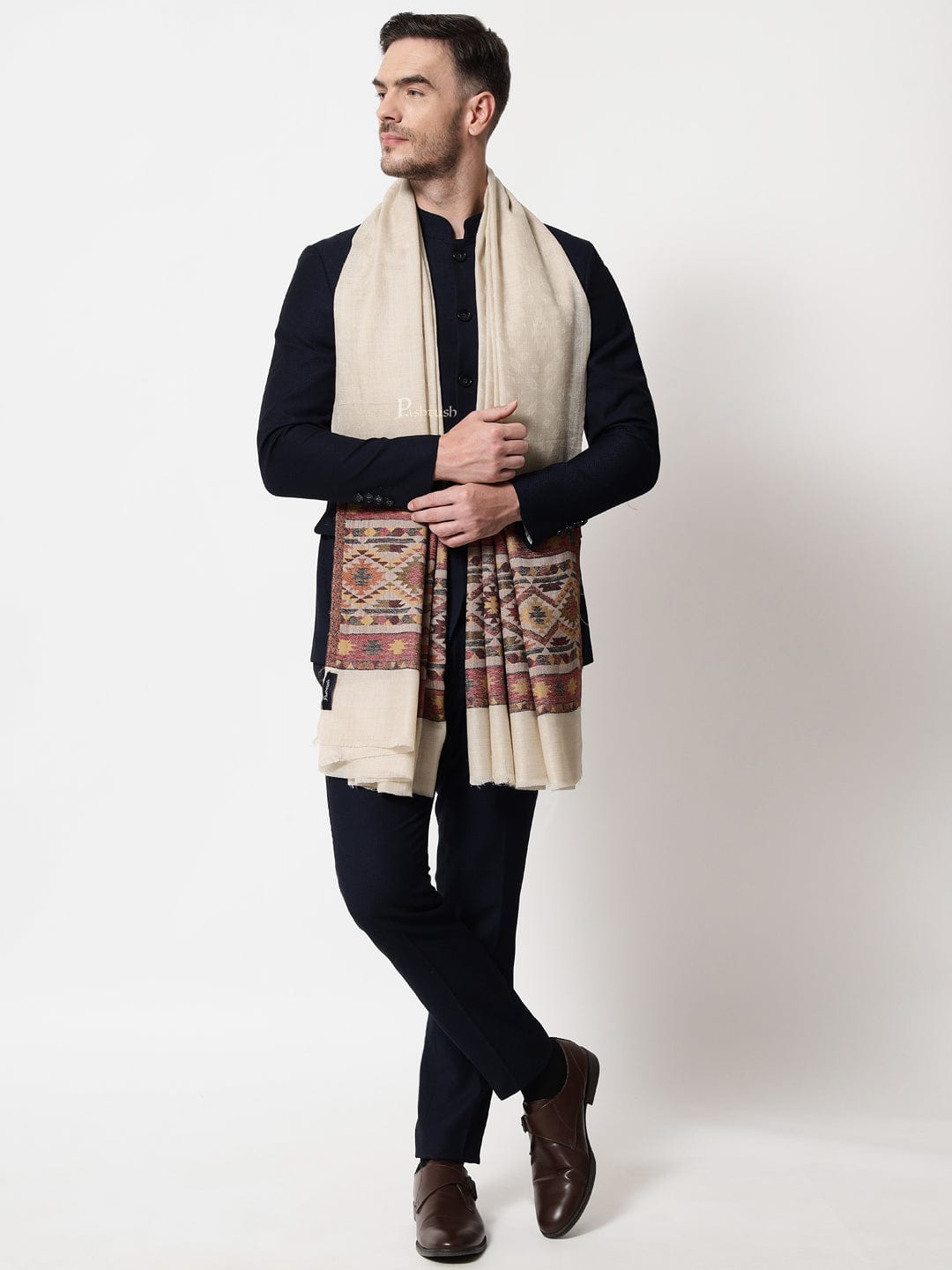 Pashtush India Mens Scarves Stoles and Mufflers Pashtush mens Extra Fine Wool stole, aztec weave design, Beige