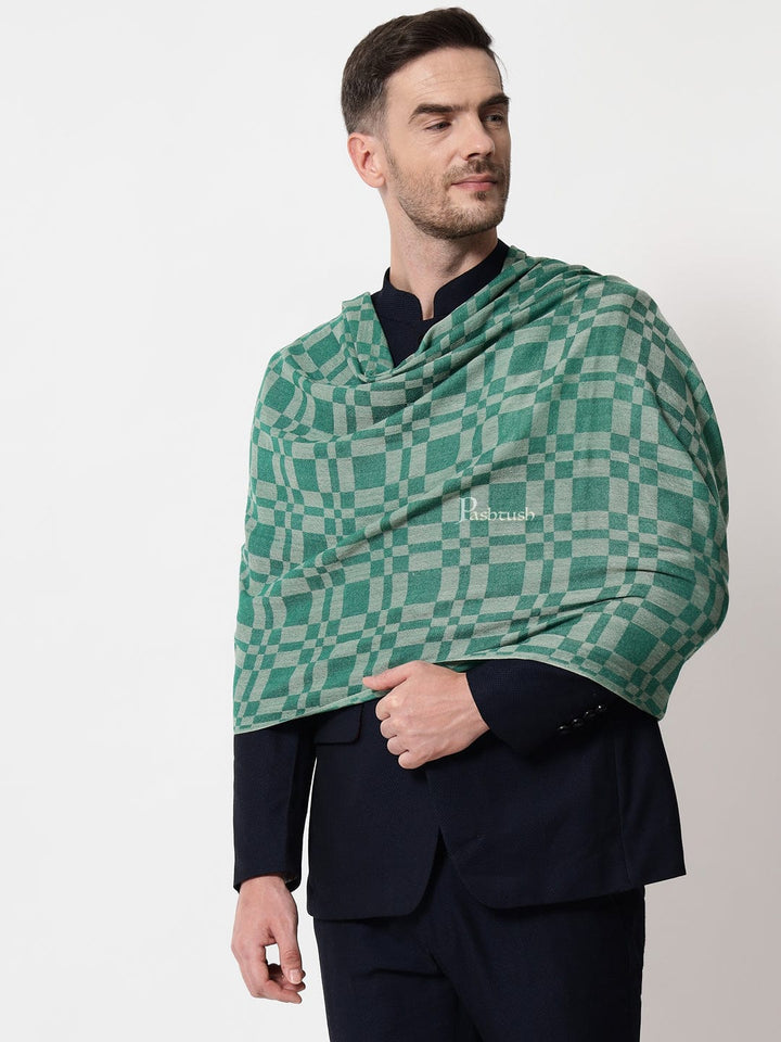 Pashtush India Mens Scarves Stoles and Mufflers Pashtush mens Extra Fine Wool stole, checkered design, Green