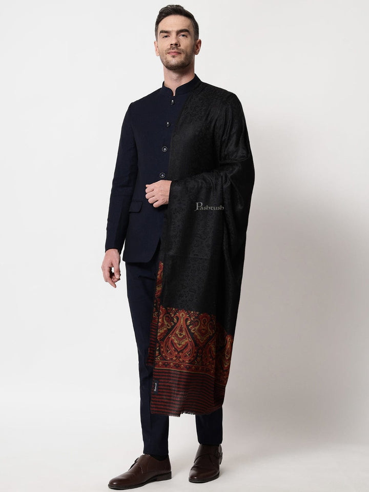 Pashtush India Mens Scarves Stoles and Mufflers Pashtush mens Extra Fine Wool stole, ethnic motifs design, Black