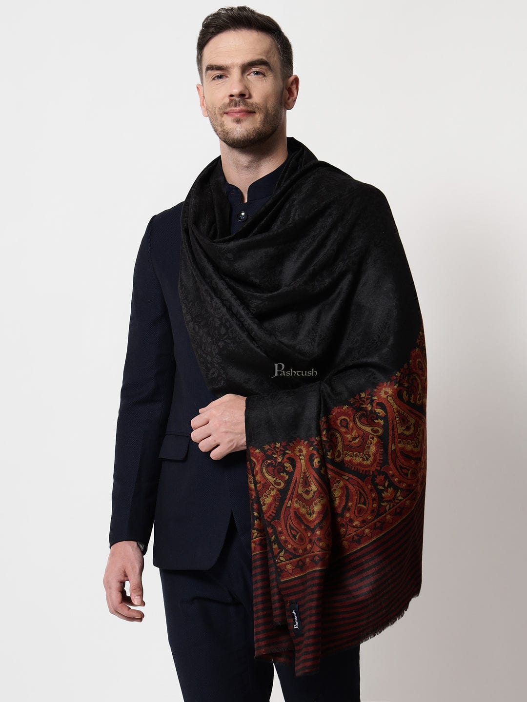 Pashtush India Mens Scarves Stoles and Mufflers Pashtush mens Extra Fine Wool stole, ethnic motifs design, Black
