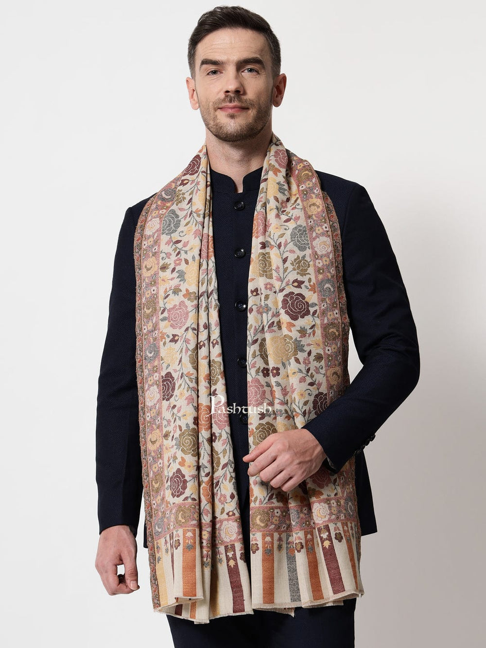 Pashtush India Mens Scarves Stoles and Mufflers Pashtush mens Extra Fine Wool stole, floral design, Multicolour