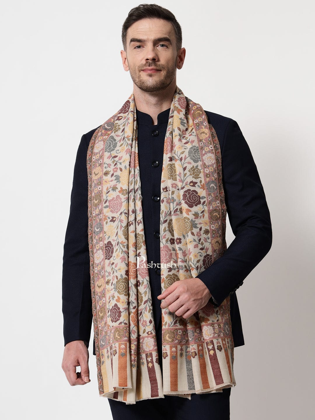 Pashtush India Mens Scarves Stoles and Mufflers Pashtush mens Extra Fine Wool stole, floral design, Multicolour