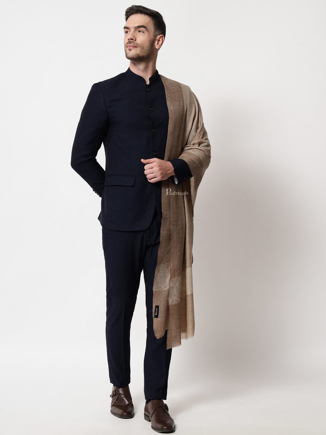 Pashtush India Mens Scarves Stoles and Mufflers Pashtush mens Extra Fine Wool stole, jacquard border design, Beige