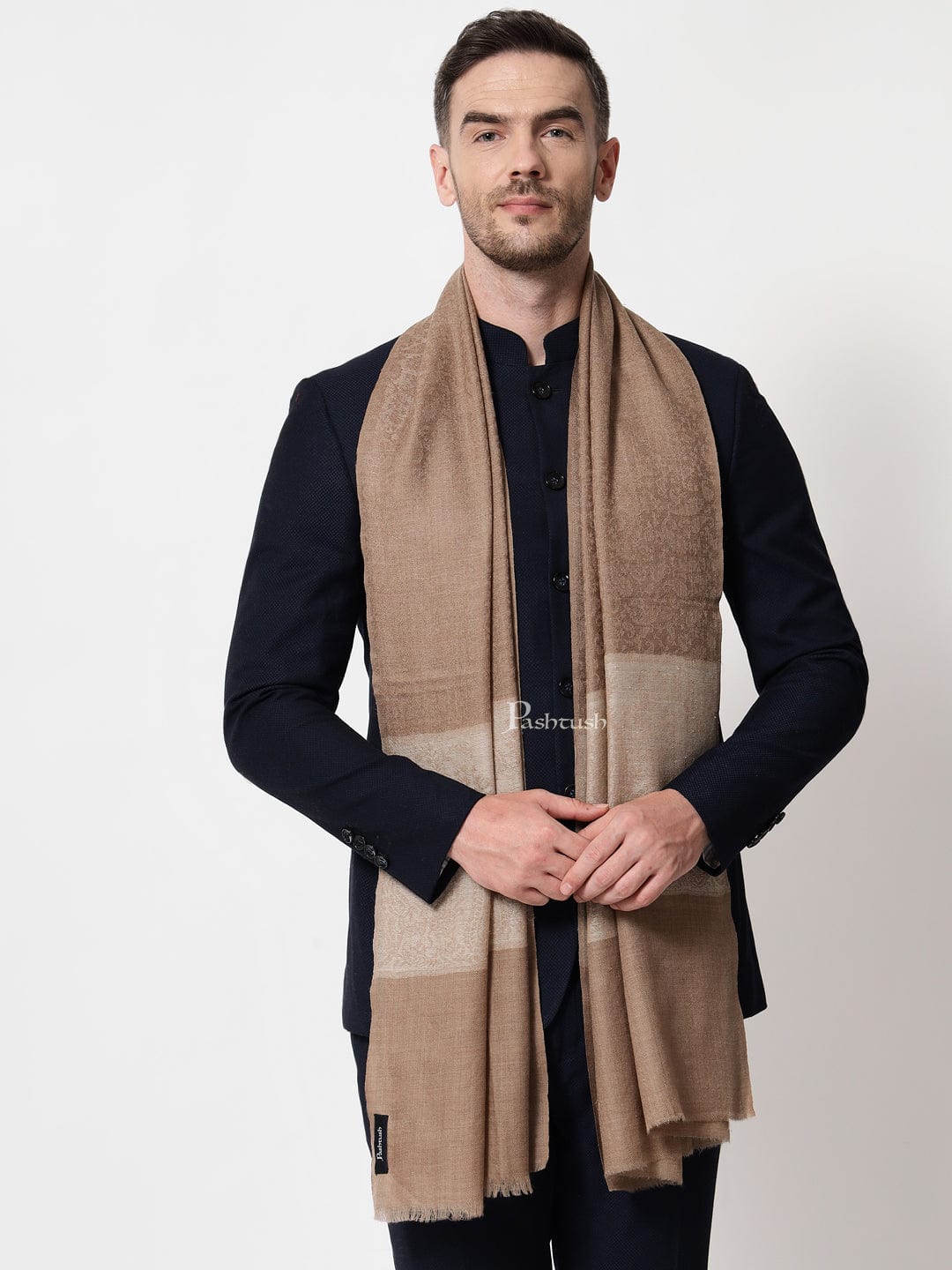 Pashtush India Mens Scarves Stoles and Mufflers Pashtush mens Extra Fine Wool stole, jacquard palla design, Taupe