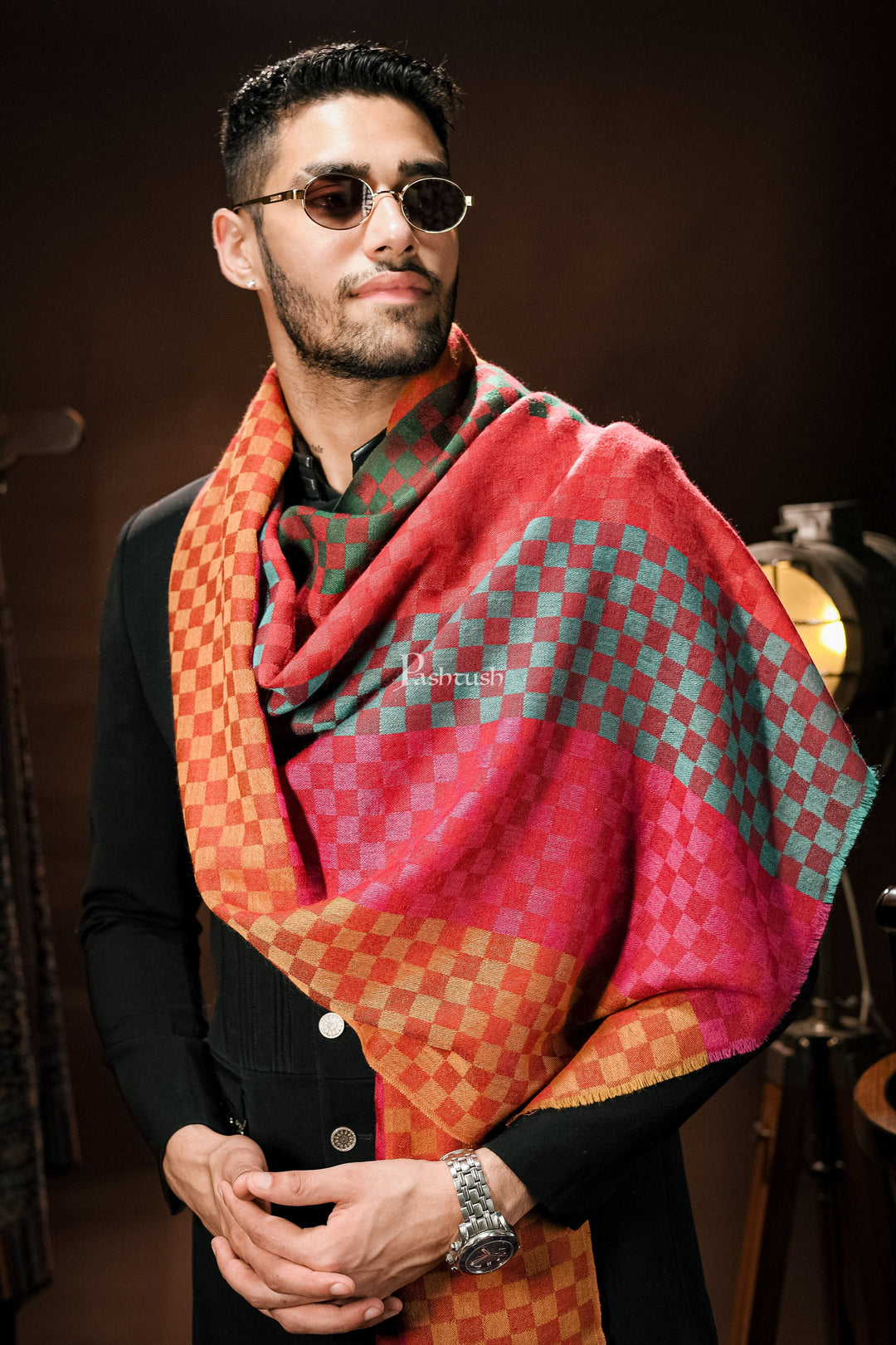Pashtush India Mens Scarves Stoles and Mufflers Pashtush Mens Extra Fine Wool stole, Reversible checkered design, Multicolour