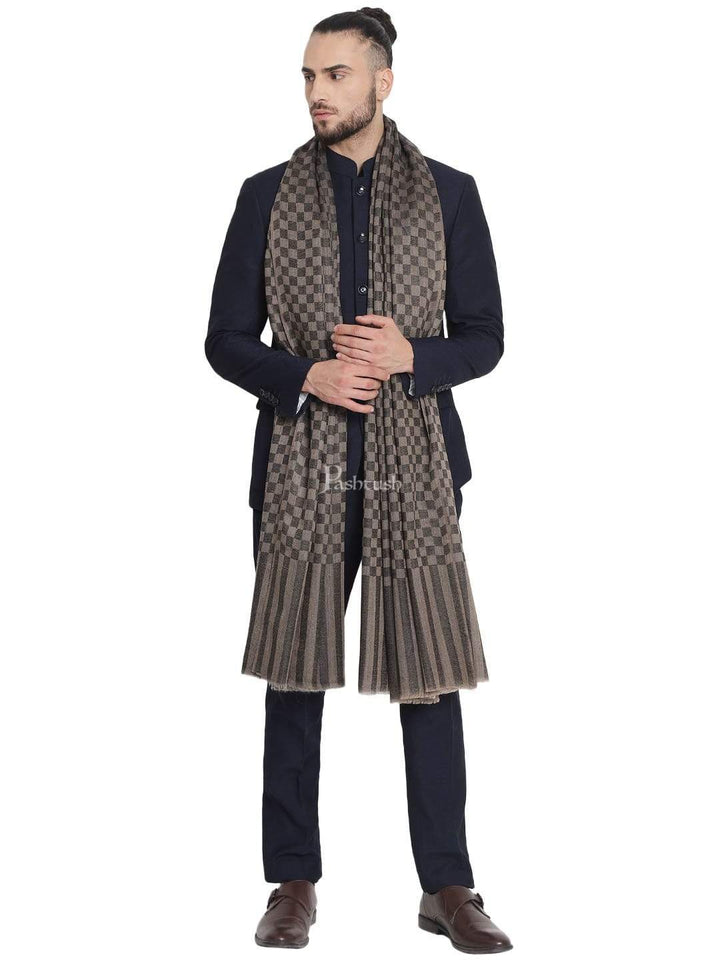 Pashtush India 114x228 Pashtush Mens Extra Fine Wool Stole, Soft and Warm, Black, Chess Checks ( Large Wrap Size )
