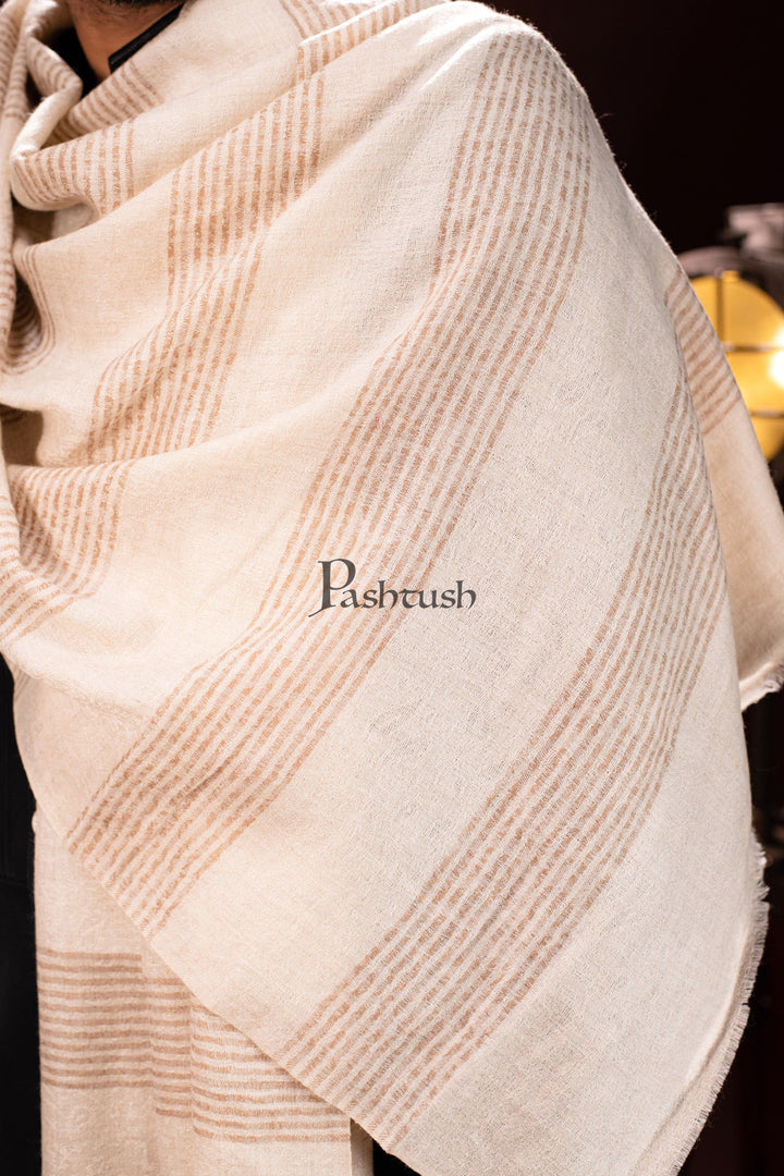 Pashtush India Mens Scarves Stoles and Mufflers Pashtush mens Extra Fine Wool stole, Stripe design, Beige