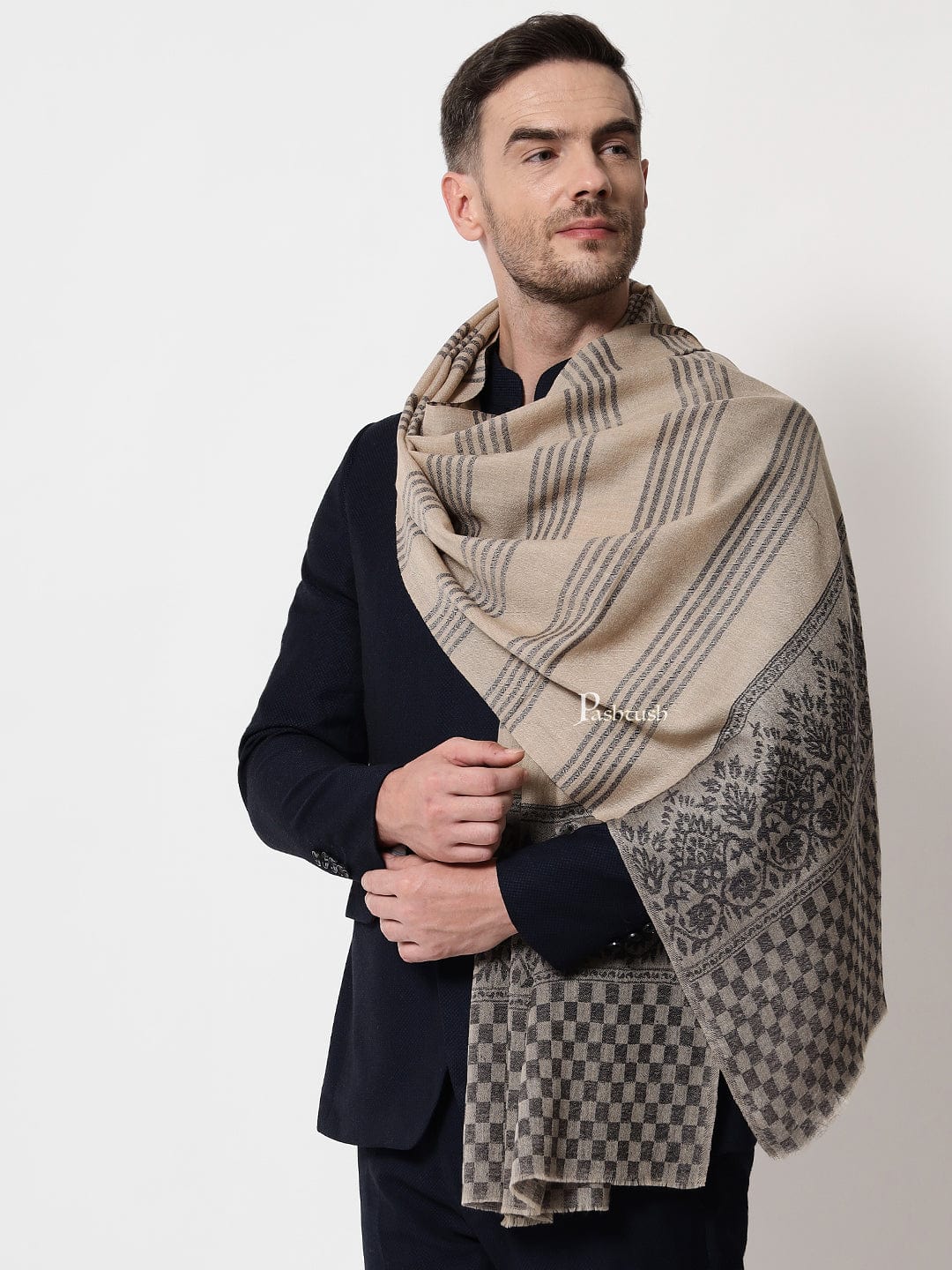 Pashtush India Mens Scarves Stoles and Mufflers Pashtush mens Extra Fine Wool stole, stripe design, Blue And Beige