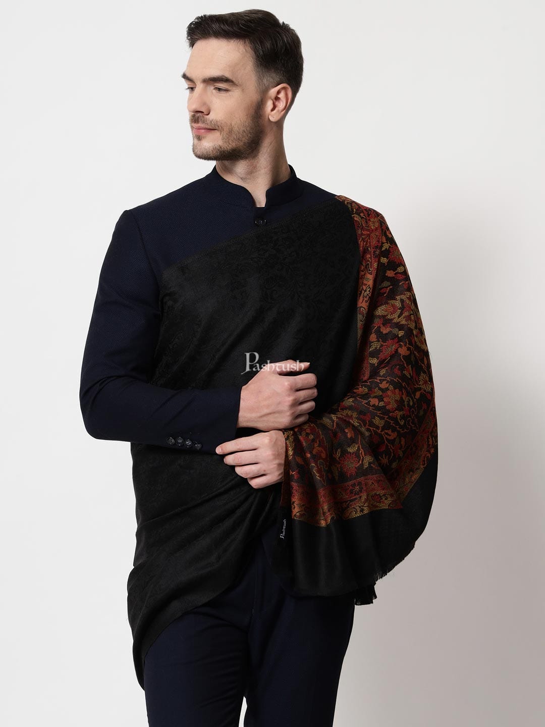 Pashtush India Mens Scarves Stoles and Mufflers Pashtush Mens Extra Fine Wool Stole, With Ethnic Palla Weave Design, Black