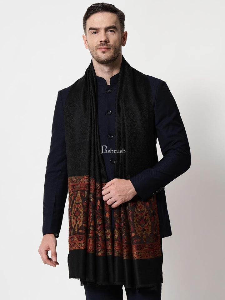 Pashtush India Mens Scarves Stoles and Mufflers Pashtush Mens Extra Fine Wool Stole, With Ethnic Palla Weave Design, Black