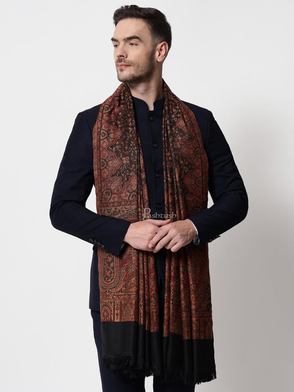 Pashtush India Mens Scarves Stoles and Mufflers Pashtush mens Faux Pashmina Reversible stole, jacquard palla design, Black