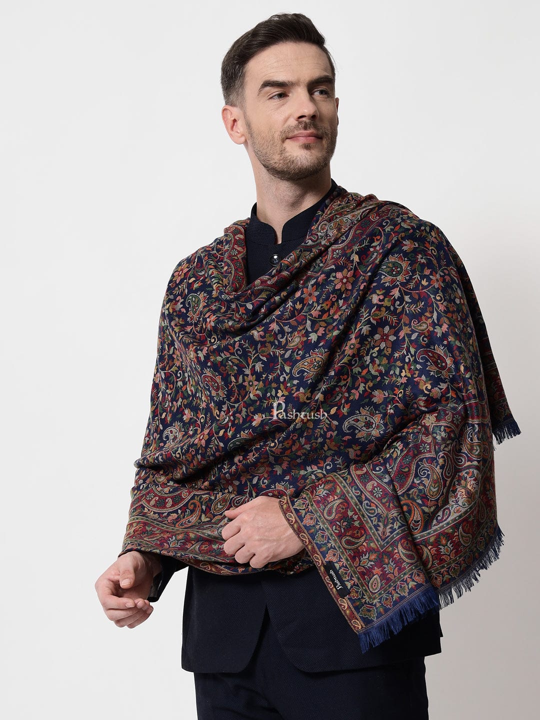 Pashtush India Mens Scarves Stoles and Mufflers Pashtush mens faux pashmina stole, ethnic weave design, Navy Blue