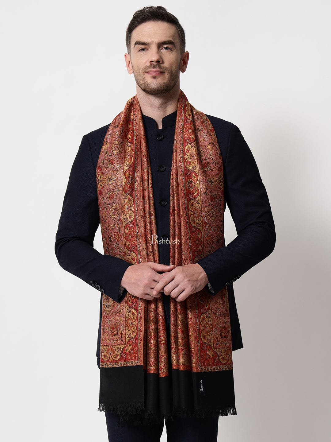 Pashtush India Mens Shawls Gents Shawl Pashtush mens faux pashmina stole, jacquard design, Black