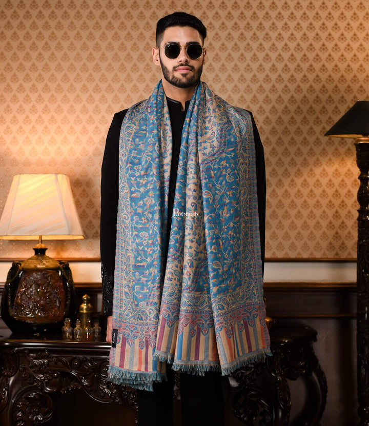 Pashtush India 100x200 Pashtush Mens Faux Pashmina, Woven Design Jamawar Shawl, Blue Beige