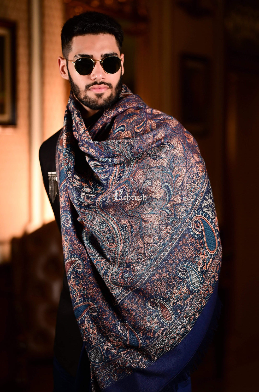 Men Blue Scarf Pashtush Mens Jamawar Stole, Fine Soft Ethnic Stole