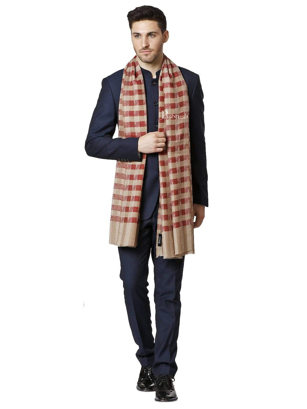 Pashtush India 70x200 Pashtush Mens Fine Wool Checkered Stole, Crimson and Beige