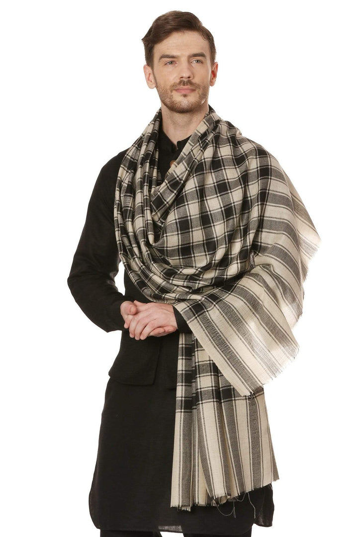 Pashtush India 100x200 Pashtush Mens Fine Wool Checkered Stole, Extra Soft and Warm - Black and Beige