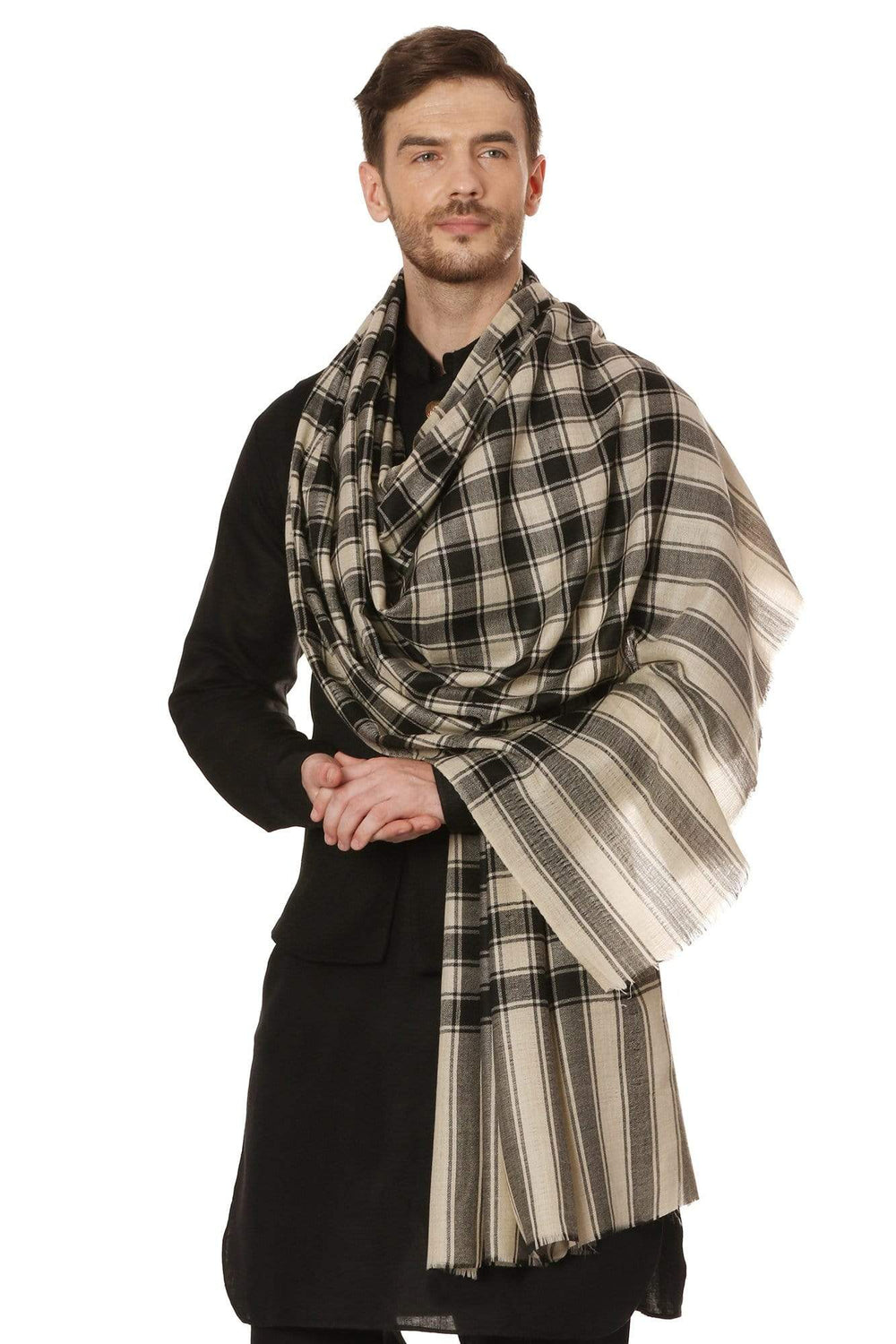 Pashtush India 100x200 Pashtush Mens Fine Wool Checkered Stole, Extra Soft and Warm - Black and Beige
