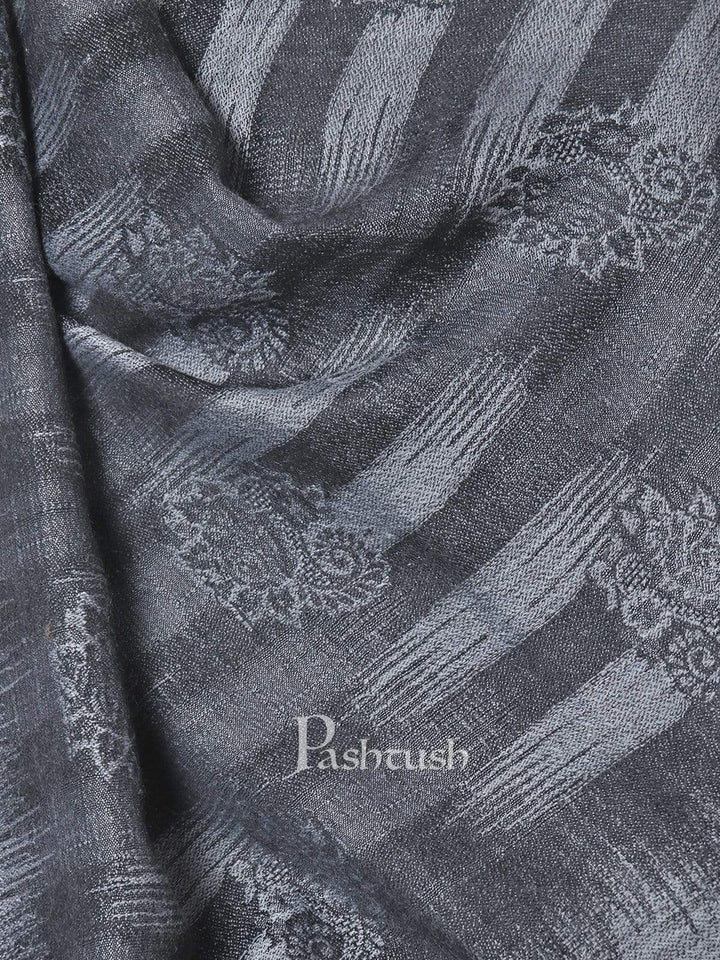 Pashtush India 70x200 Pashtush Mens Fine Wool Ikkat Design, Stole, Black and Grey