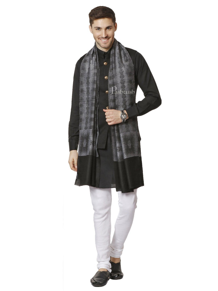 Pashtush India 70x200 Pashtush Mens Fine Wool Ikkat Design, Stole, Black and Grey