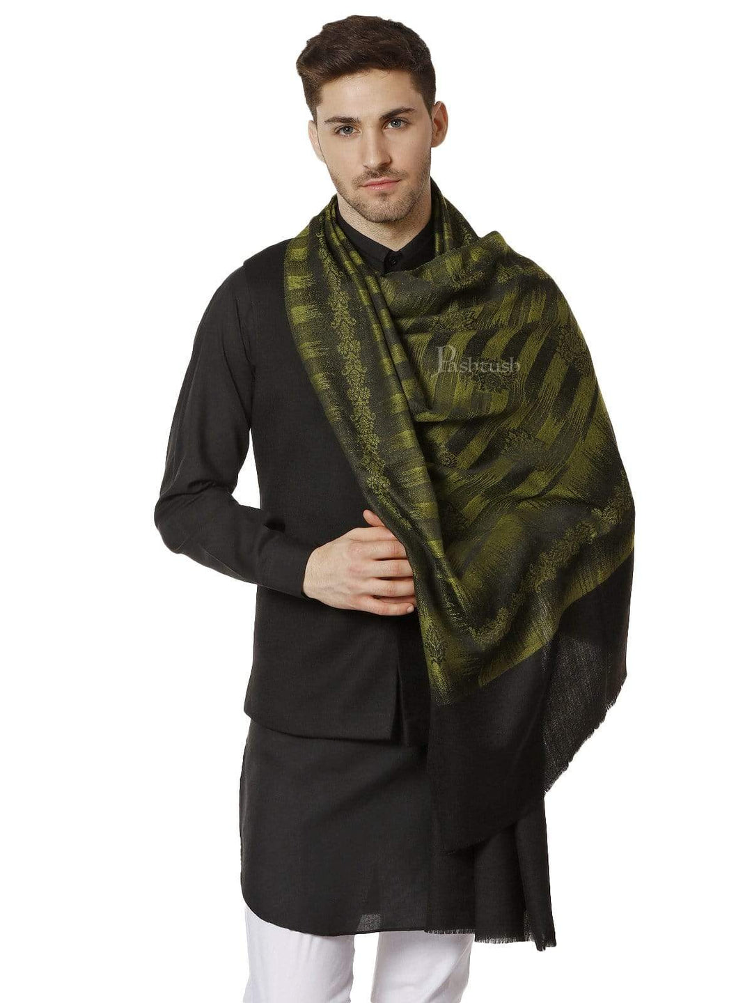 Pashtush India 70x200 Pashtush Mens Fine Wool Ikkat Design, Stole, Emerald Green