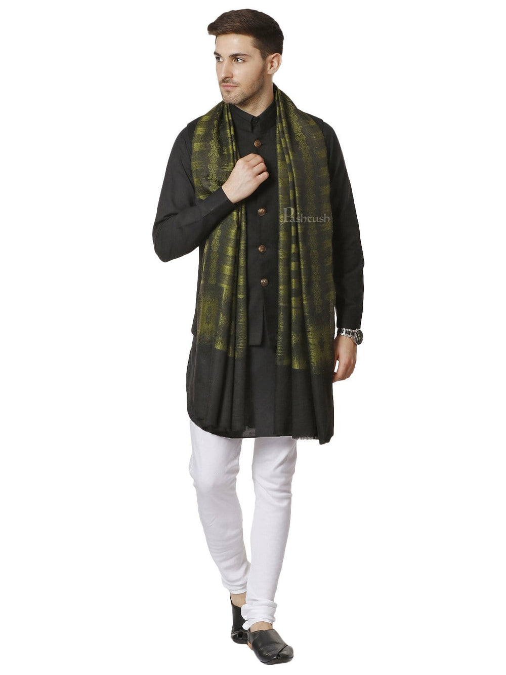Pashtush India 70x200 Pashtush Mens Fine Wool Ikkat Design, Stole, Emerald Green