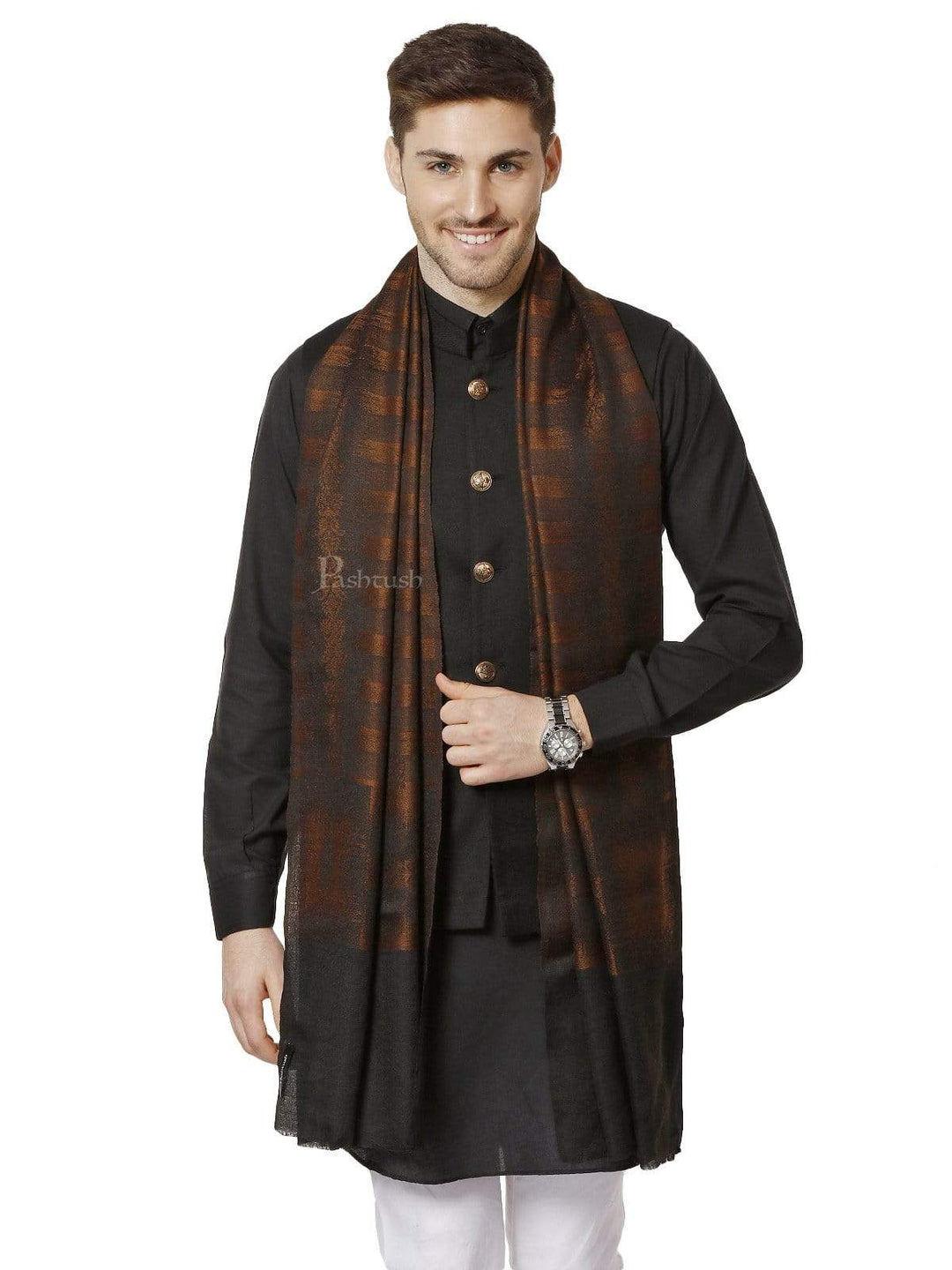 Pashtush India 70x200 Pashtush Mens Fine Wool Ikkat Design, Stole, Espresso Brown