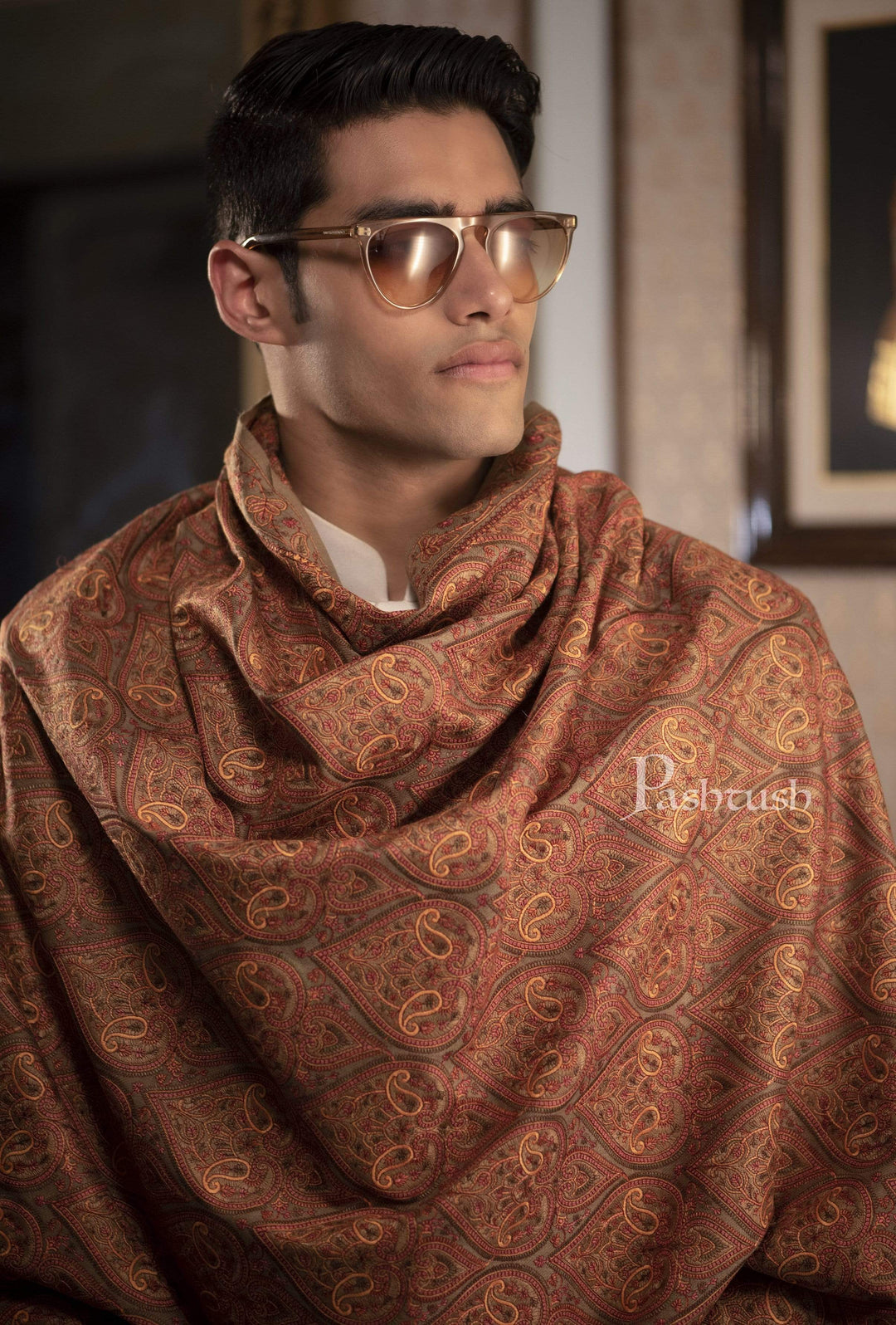 Pashtush India 100x200 Pashtush Mens Fine Wool , kashmiri Sozni embroidery stole