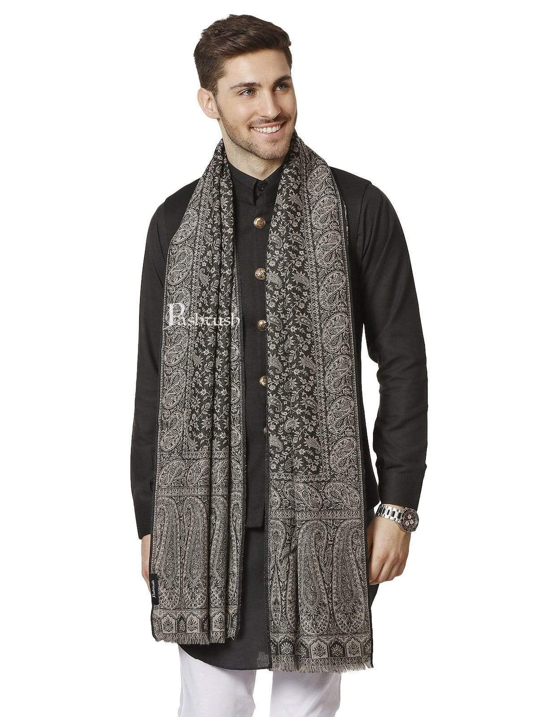 Pashtush India 70x200 Pashtush Mens Fine Wool Luxury Stole, Soft and Warm, Black and Grey