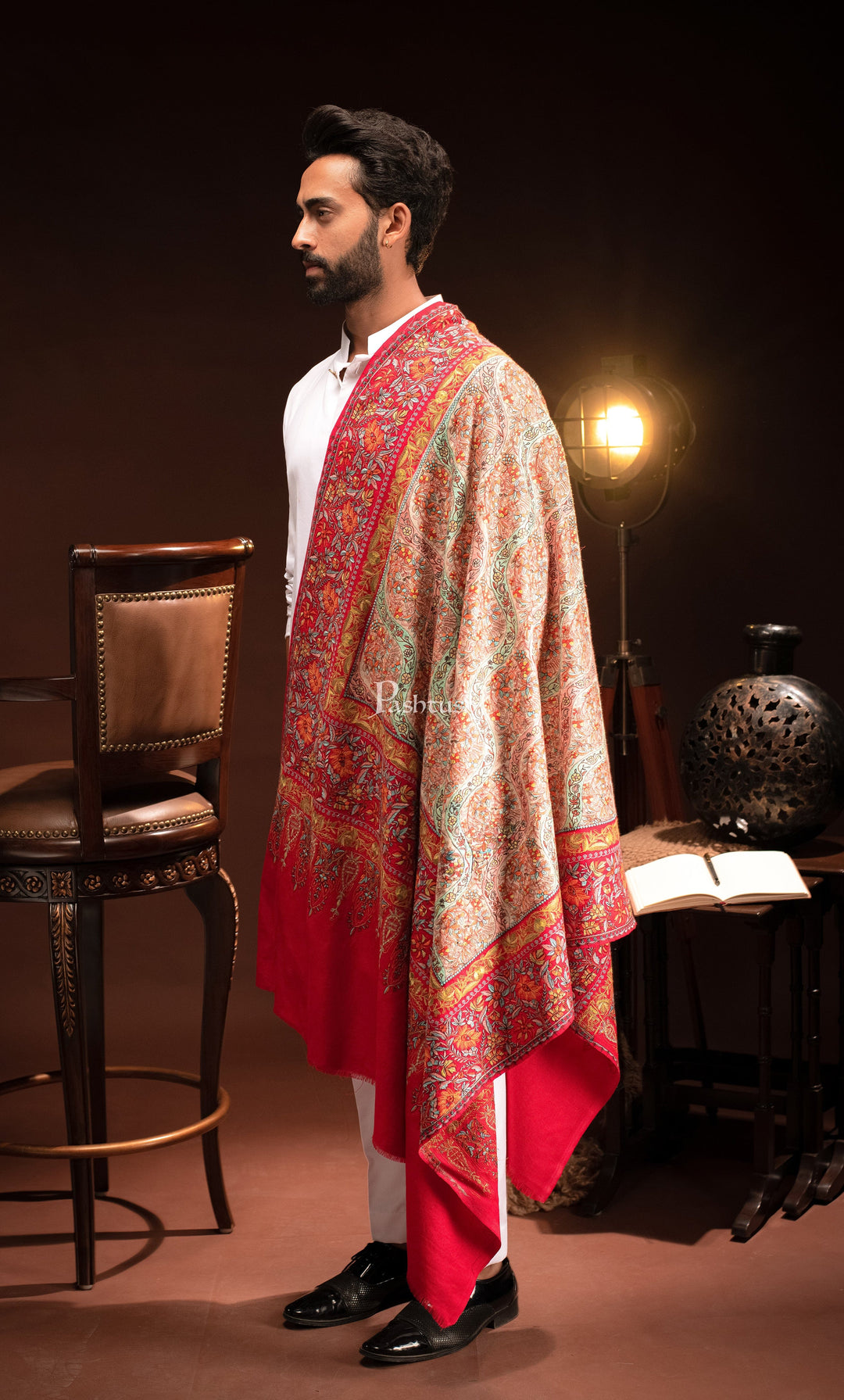 Pashtush India Mens Scarves Stoles and Mufflers Pashtush Mens Fine wool Papier Machè Embroidery Stole, Multicolour