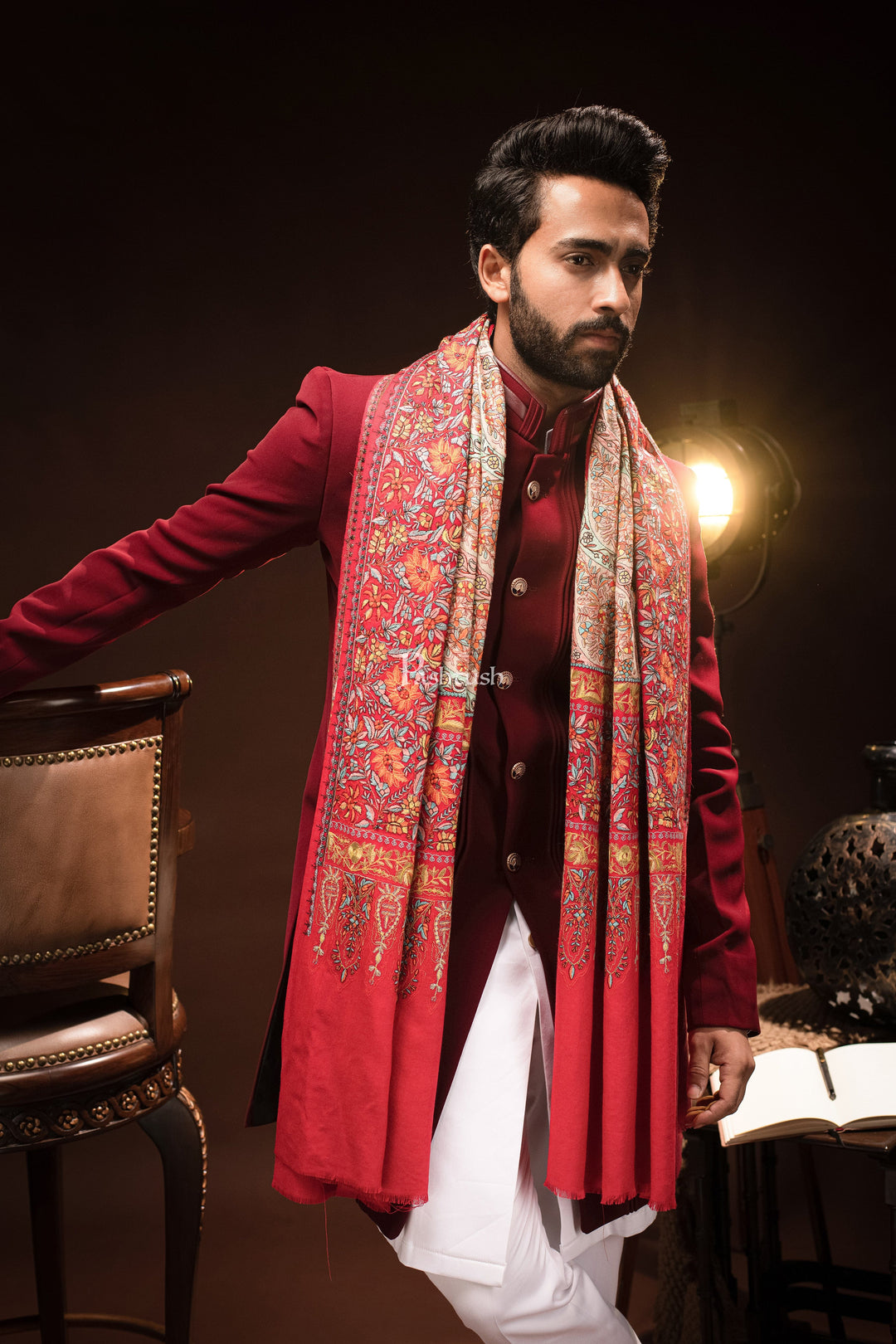 Pashtush India Mens Scarves Stoles and Mufflers Pashtush Mens Fine wool Papier Machè Embroidery Stole, Multicolour