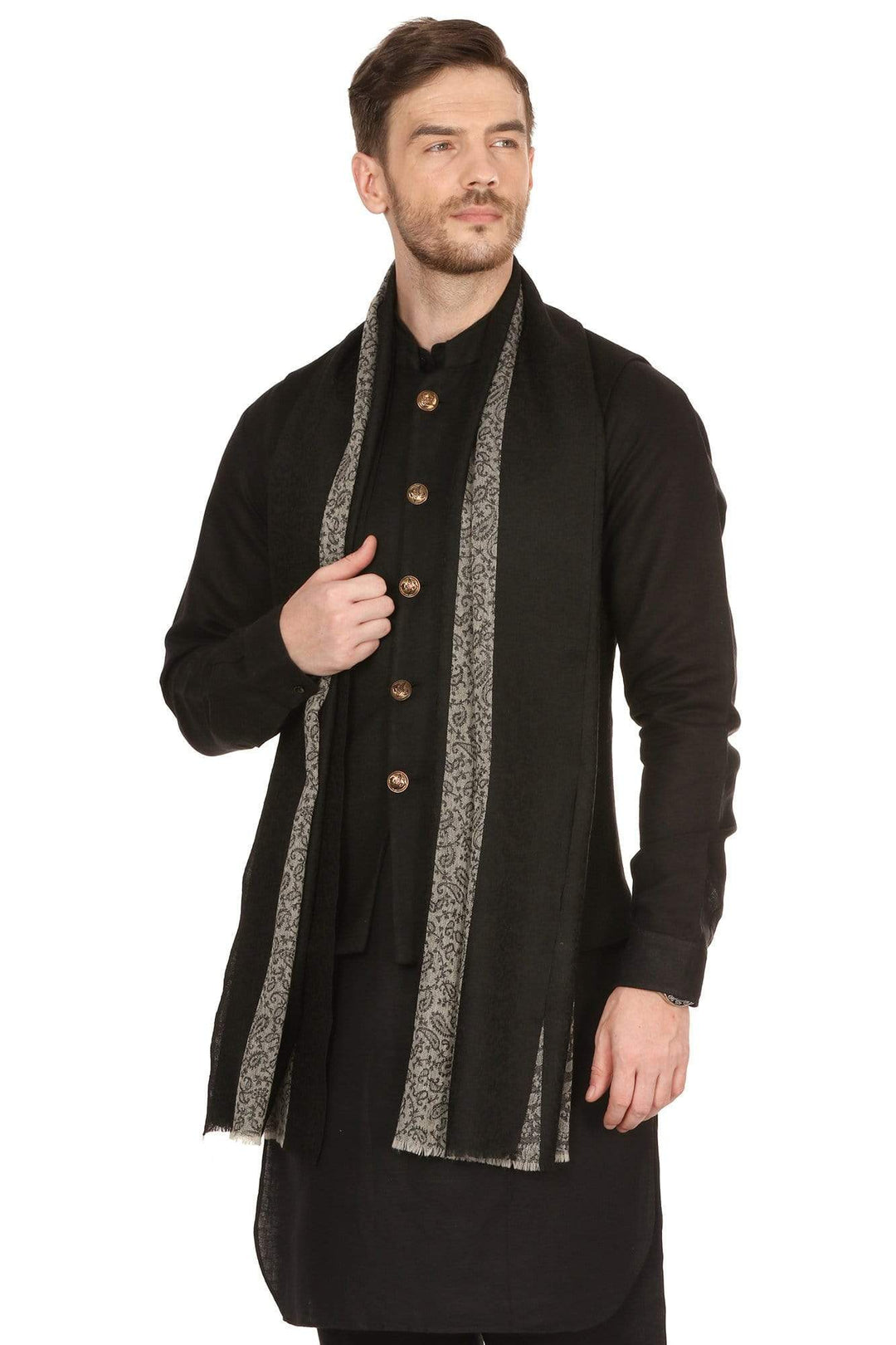 Pashtush India 70x200 Pashtush Mens Fine Wool Reversible Muffler - Black