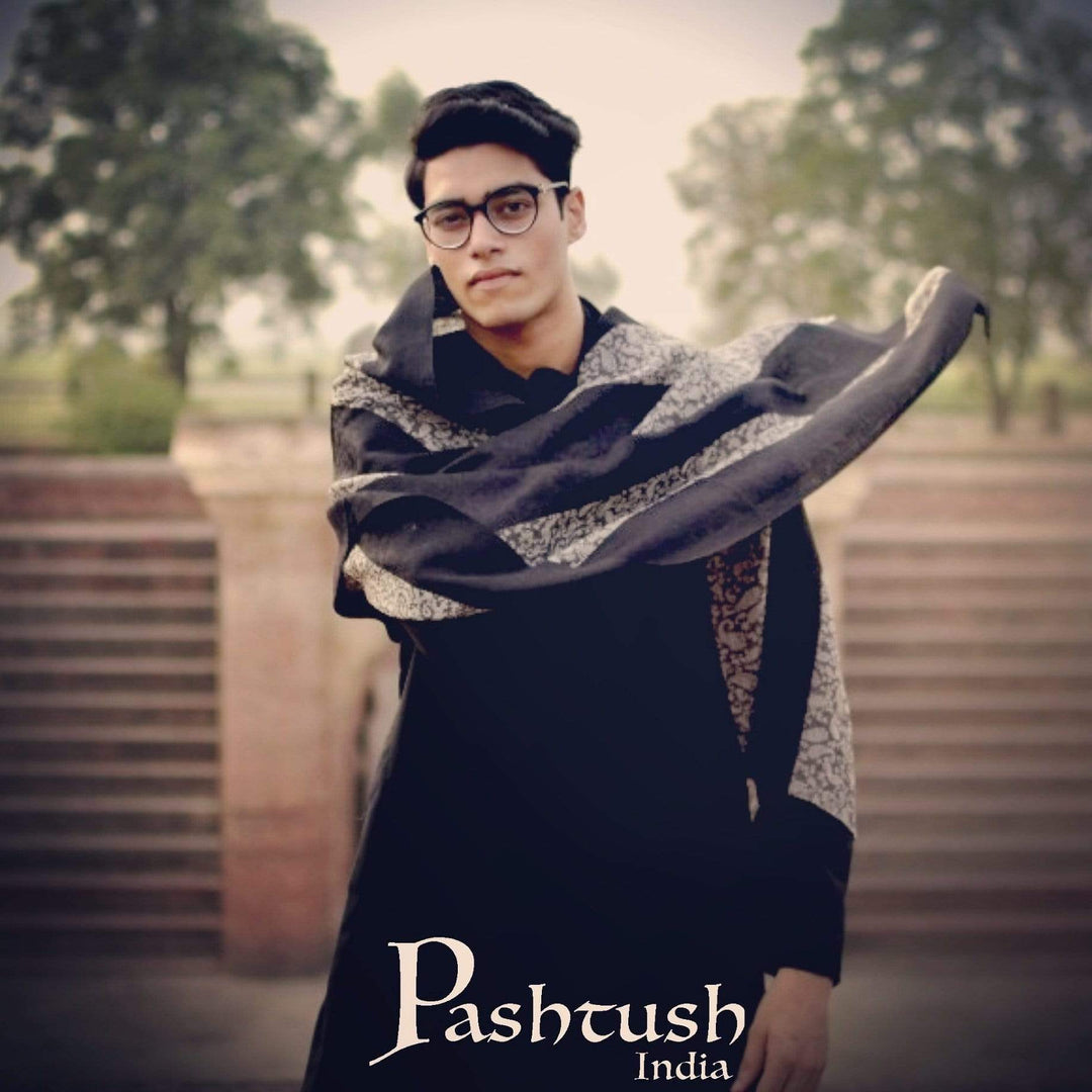 Pashtush India 70x200 Pashtush Mens Fine Wool Reversible Muffler - Black