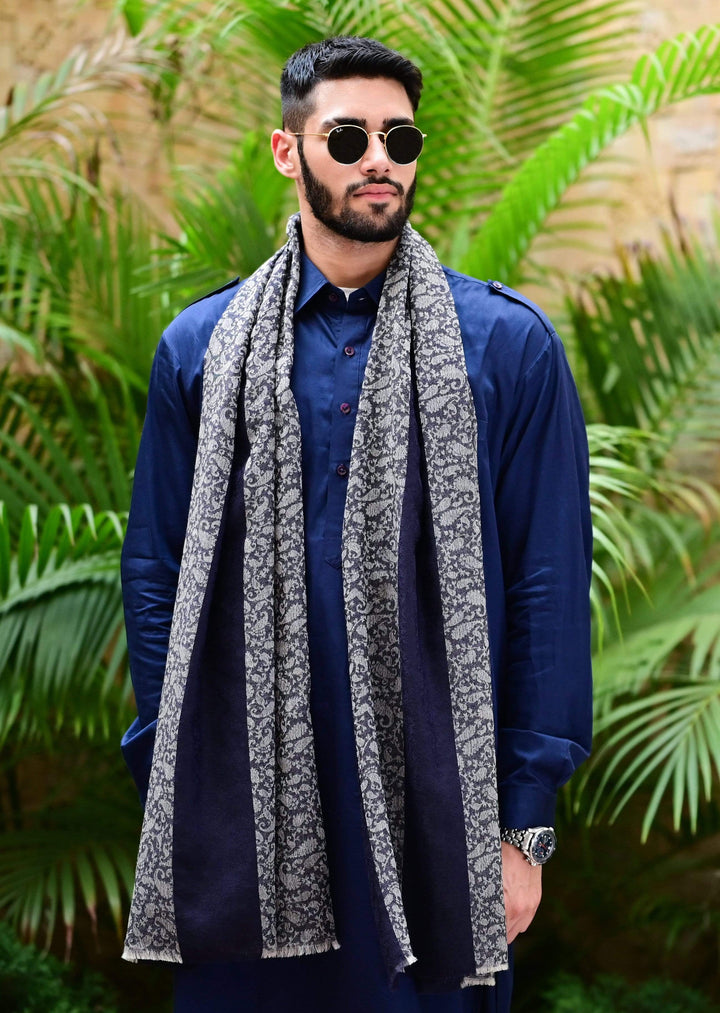 Pashtush India 70x200 Pashtush Mens Fine Wool Reversible Muffler - Navy Blue