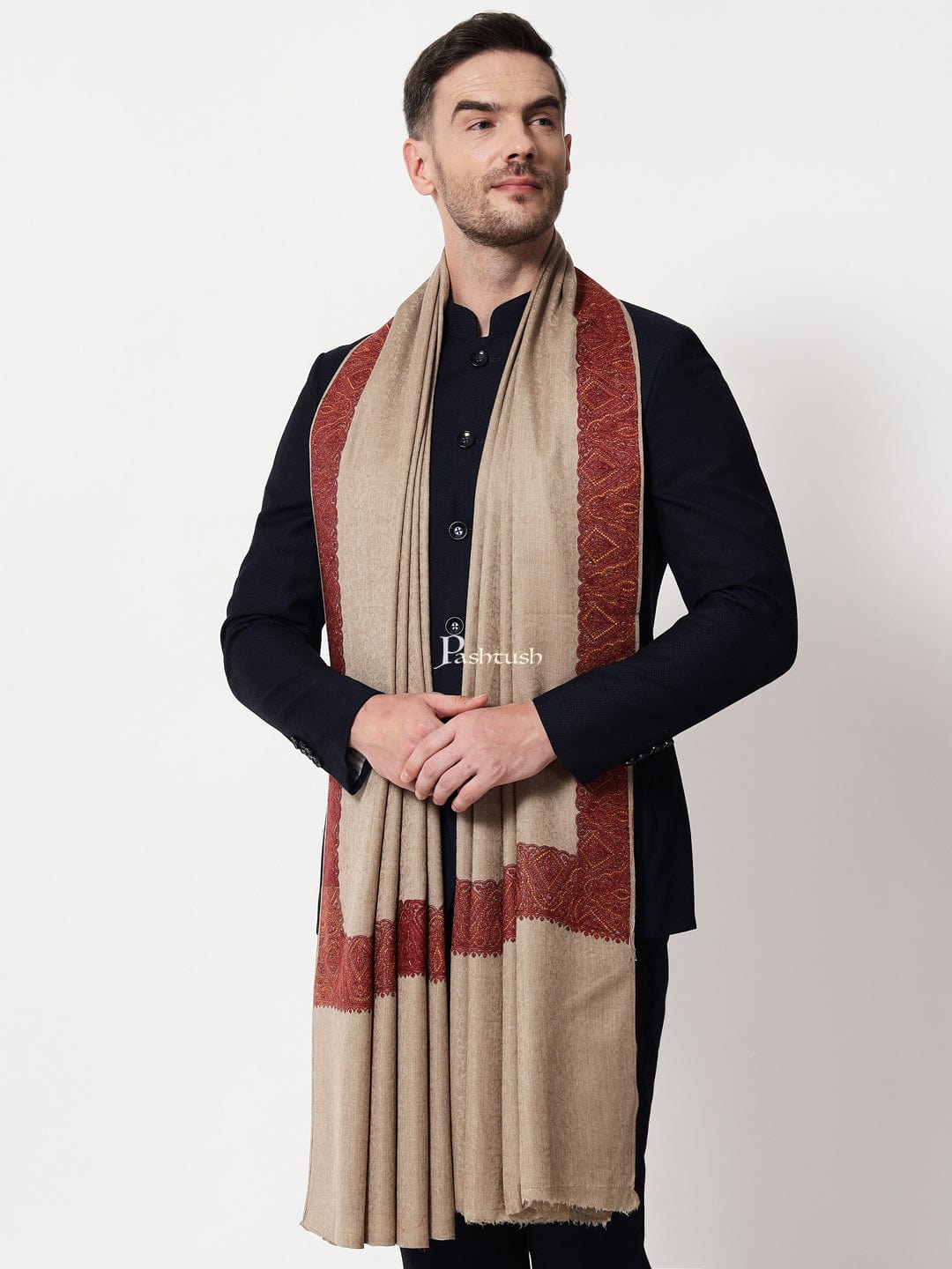 Pashtush India Mens Shawls Gents Shawl Pashtush mens Fine Wool shawl, border design, Beige