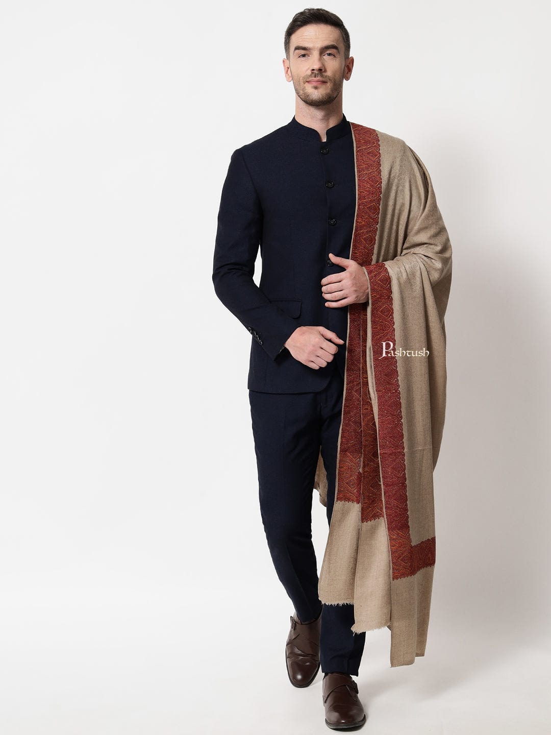 Pashtush India Mens Shawls Gents Shawl Pashtush mens Fine Wool shawl, border design, Beige