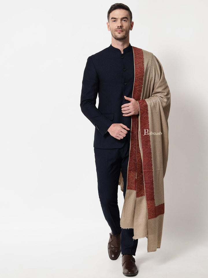 Pashtush India Mens Shawls Gents Shawl Pashtush mens Fine Wool shawl, border design, Beige