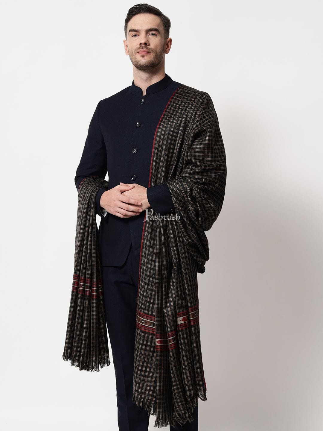 Pashtush India Mens Shawls Gents Shawl Pashtush mens Fine Wool shawl, Checkered Weave design, Black