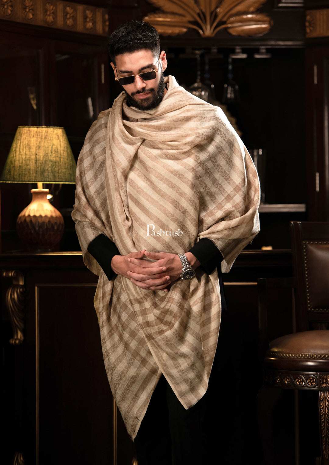 Pashtush India Mens Shawls Gents Shawl Pashtush Mens Fine Wool Shawl, Checks, Extra Soft And Warm, Beige