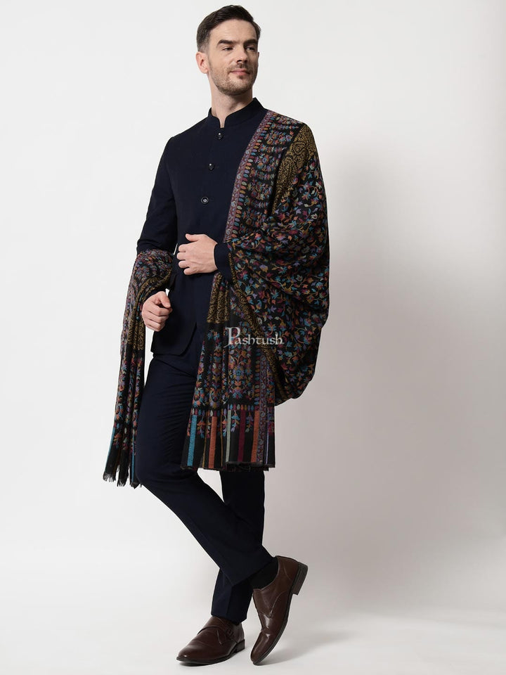 Pashtush India Mens Shawls Gents Shawl Pashtush mens Fine Wool shawl, Ethnic design, Black, Mens Lohi, Full Size