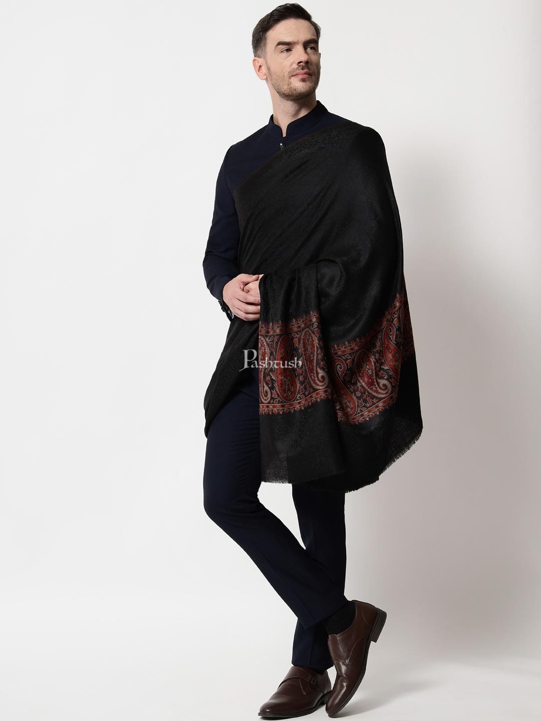 Pashtush India Mens Shawls Gents Shawl Pashtush mens Fine Wool shawl, Ethnic Palla design, Black