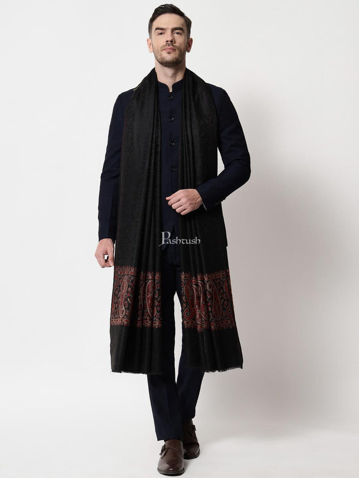 Pashtush India Mens Shawls Gents Shawl Pashtush mens Fine Wool shawl, Ethnic Palla design, Black