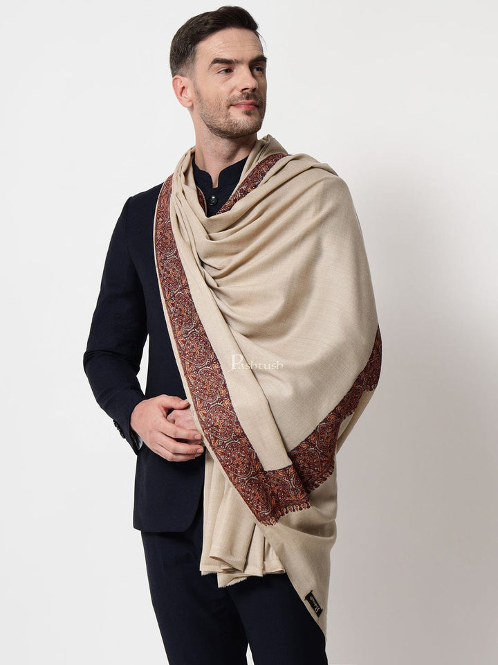 Pashtush India Mens Scarves Stoles and Mufflers Pashtush mens Fine Wool shawl, multicolour embroidery border design, Beige