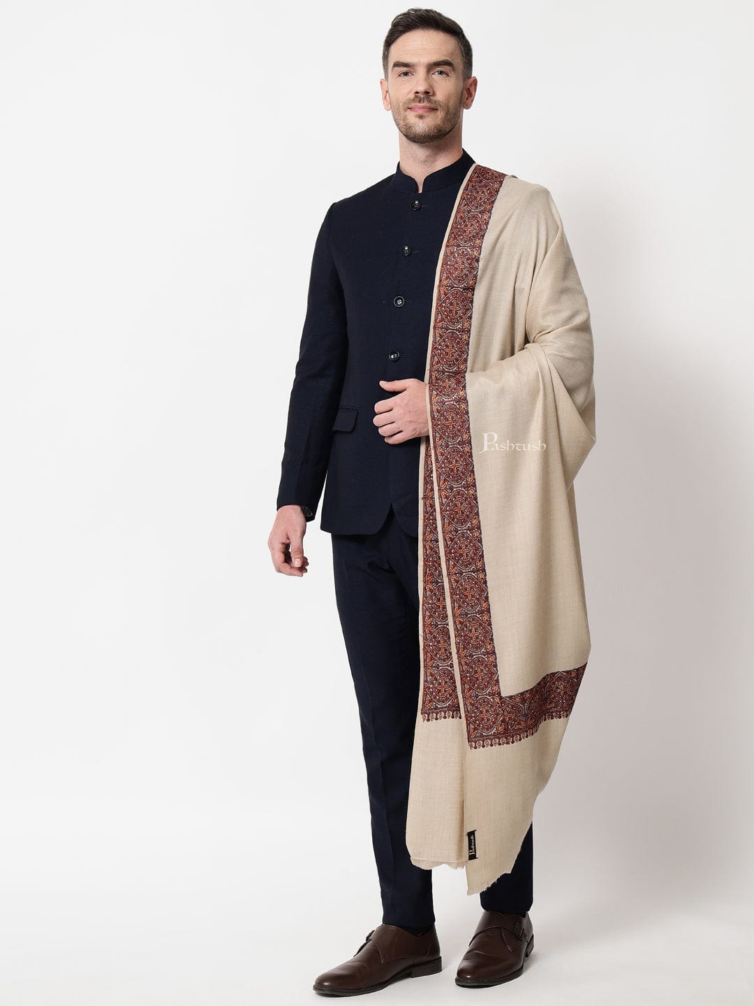 Pashtush India Mens Scarves Stoles and Mufflers Pashtush mens Fine Wool shawl, multicolour embroidery border design, Beige