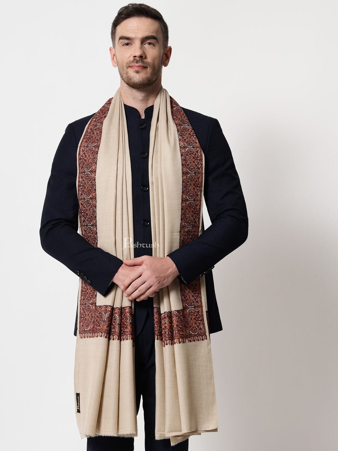 Pashtush India Mens Scarves Stoles and Mufflers Pashtush mens Fine Wool shawl, multicolour embroidery border design, Beige